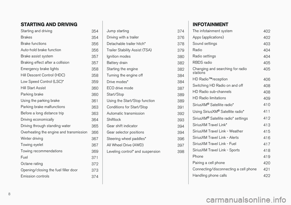 VOLVO XC90 2017  Owner´s Manual 8
STARTING AND DRIVING
Starting and driving354
Brakes 354
Brake functions 356
Auto-hold brake function 356
Brake assist system 357
Braking effect after a collision 357
Emergency brake lights 358
Hill 