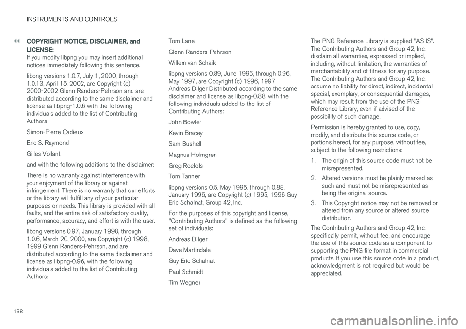 VOLVO XC90 T8 2017 Owner´s Manual ||
INSTRUMENTS AND CONTROLS
138
COPYRIGHT NOTICE, DISCLAIMER, and LICENSE:
If you modify libpng you may insert additional notices immediately following this sentence. libpng versions 1.0.7, July 1, 20 VOLVO XC90 T8 2017 Owner´s Manual ||
INSTRUMENTS AND CONTROLS
138
COPYRIGHT NOTICE, DISCLAIMER, and LICENSE:
If you modify libpng you may insert additional notices immediately following this sentence. libpng versions 1.0.7, July 1, 20