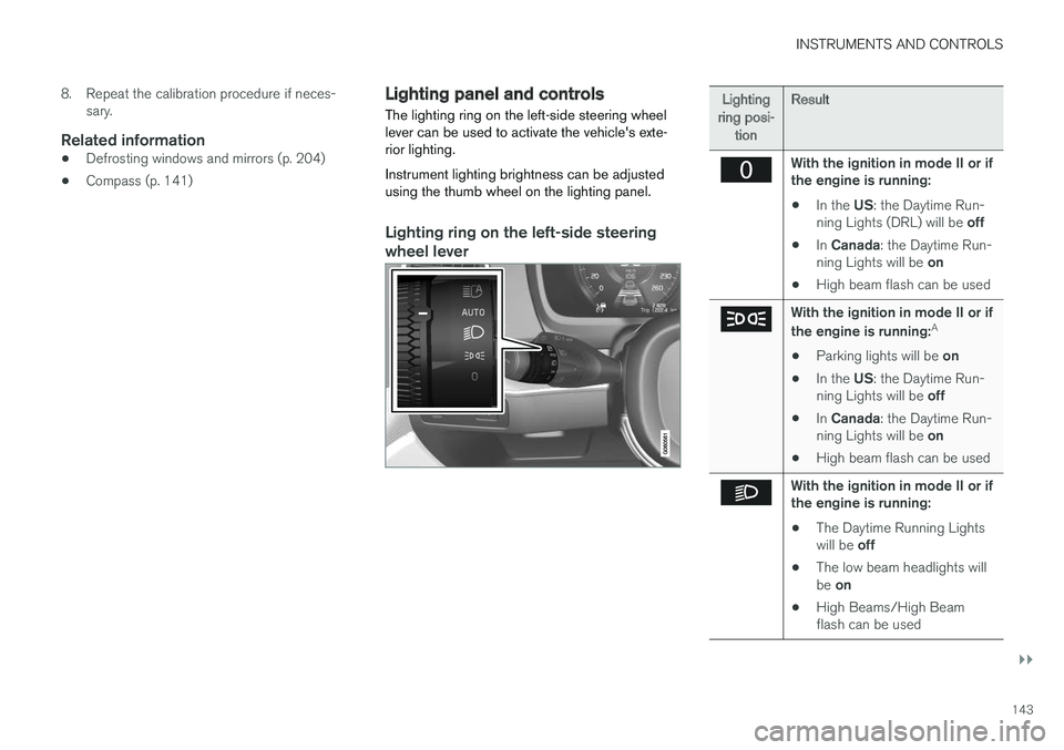 VOLVO XC90 T8 2017 Owner´s Manual INSTRUMENTS AND CONTROLS
}}
143
8. Repeat the calibration procedure if neces-
sary.
Related information
• Defrosting windows and mirrors (p. 204)
• Compass (p. 141)
Lighting panel and controls
The VOLVO XC90 T8 2017 Owner´s Manual INSTRUMENTS AND CONTROLS
}}
143
8. Repeat the calibration procedure if neces-
sary.
Related information
• Defrosting windows and mirrors (p. 204)
• Compass (p. 141)
Lighting panel and controls
The