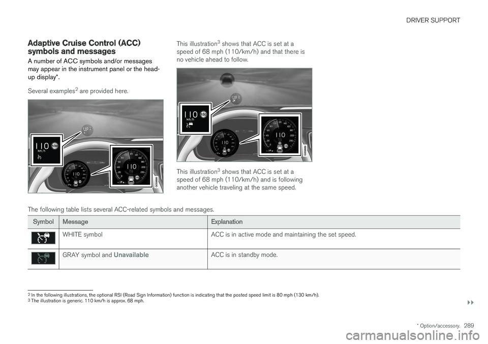 VOLVO XC90 T8 2017 Owner´s Manual DRIVER SUPPORT
}}
* Option/accessory.289
Adaptive Cruise Control (ACC) symbols and messages A number of ACC symbols and/or messages may appear in the instrument panel or the head- up display*.
Several VOLVO XC90 T8 2017 Owner´s Manual DRIVER SUPPORT
}}
* Option/accessory.289
Adaptive Cruise Control (ACC) symbols and messages A number of ACC symbols and/or messages may appear in the instrument panel or the head- up display*.
Several