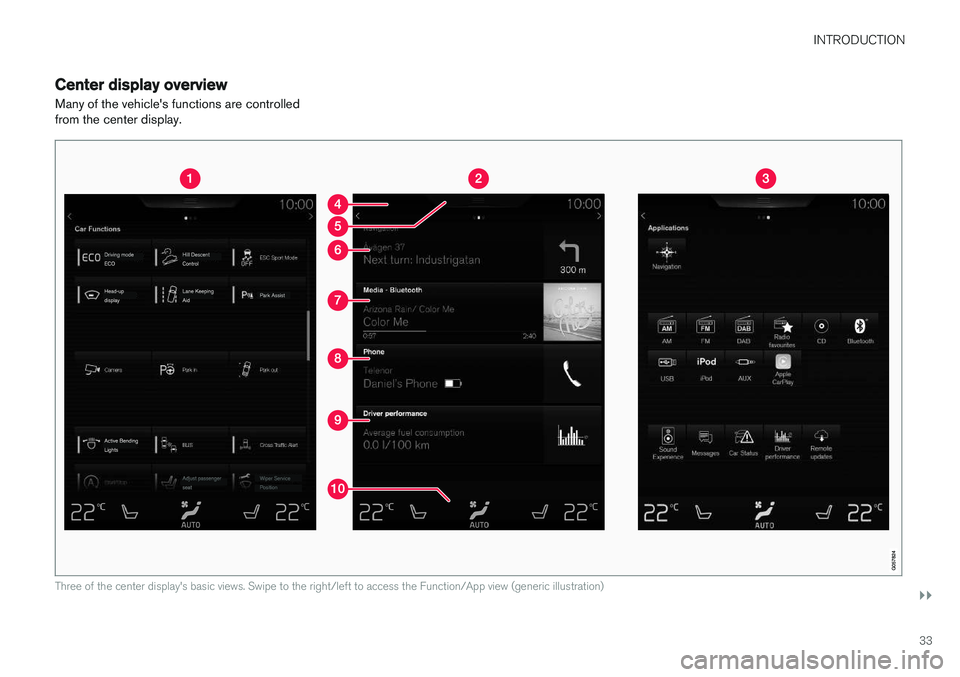 VOLVO XC90 T8 2017 Owner´s Manual INTRODUCTION
}}
33
Center display overview
Many of the vehicle's functions are controlled from the center display.
Three of the center display's basic views. Swipe to the right/left to access VOLVO XC90 T8 2017 Owner´s Manual INTRODUCTION
}}
33
Center display overview
Many of the vehicle's functions are controlled from the center display.
Three of the center display's basic views. Swipe to the right/left to access
