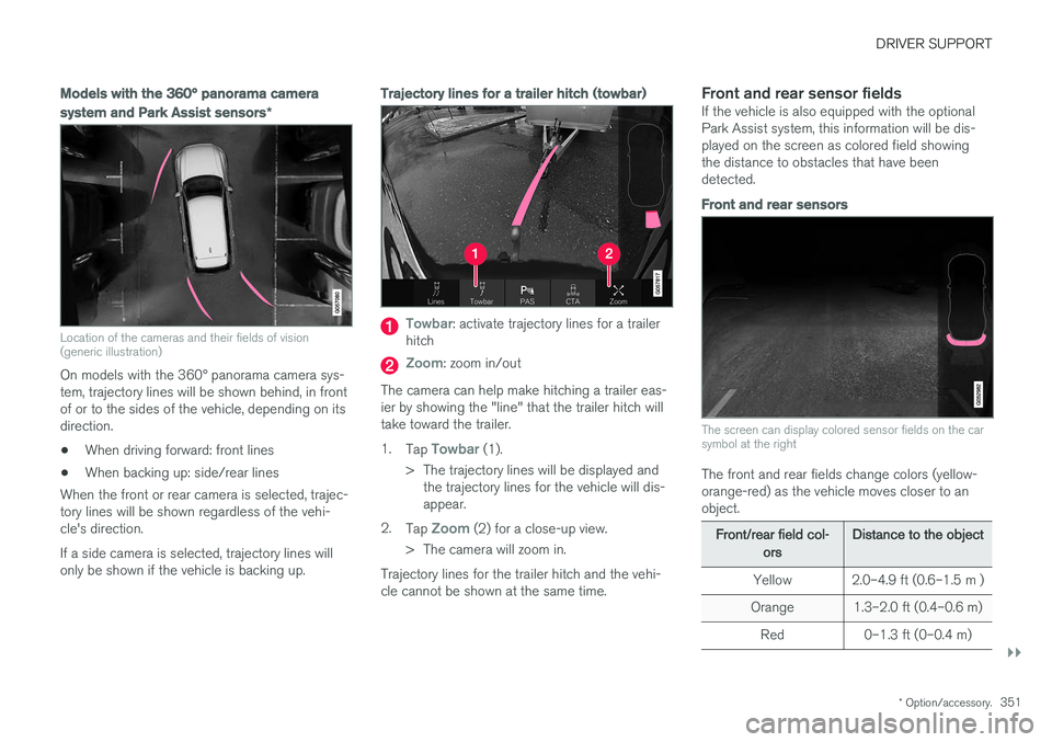 VOLVO XC90 T8 2017 Owner´s Manual DRIVER SUPPORT
}}
* Option/accessory.351
Models with the 360° panorama camera system and Park Assist sensors *
Location of the cameras and their fields of vision (generic illustration)
On models with VOLVO XC90 T8 2017 Owner´s Manual DRIVER SUPPORT
}}
* Option/accessory.351
Models with the 360° panorama camera system and Park Assist sensors *
Location of the cameras and their fields of vision (generic illustration)
On models with