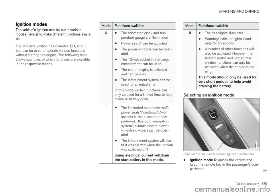 VOLVO XC90 T8 2017 Owner´s Manual STARTING AND DRIVING
}}
* Option/accessory.389
Ignition modes
The vehicle's ignition can be put in various modes (levels) to make different functions availa-ble.
The vehicle's ignition has 3 m VOLVO XC90 T8 2017 Owner´s Manual STARTING AND DRIVING
}}
* Option/accessory.389
Ignition modes
The vehicle's ignition can be put in various modes (levels) to make different functions availa-ble.
The vehicle's ignition has 3 m