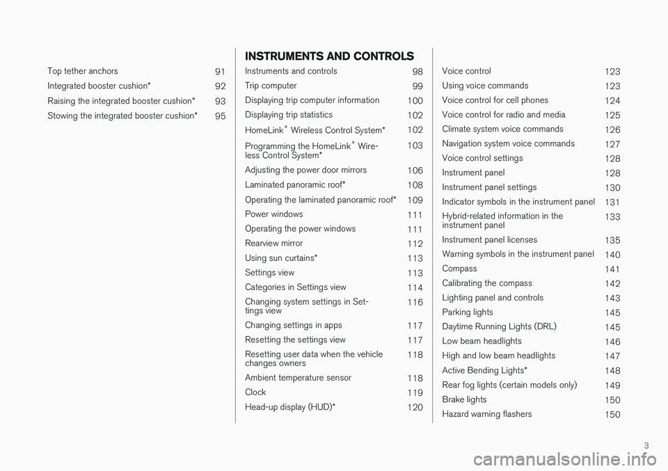 VOLVO XC90 T8 2017  Owner´s Manual 3
 
Top tether anchors91
Integrated booster cushion *
92
Raising the integrated booster cushion *
93
Stowing the integrated booster cushion *
95
INSTRUMENTS AND CONTROLS
Instruments and controls
98
Tr