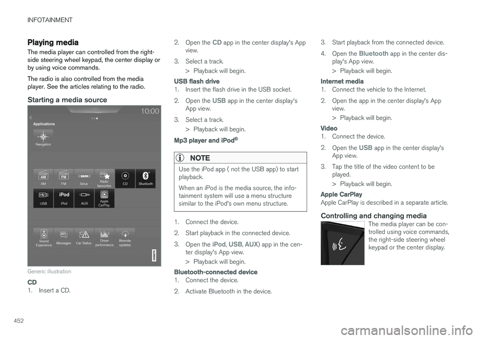 VOLVO XC90 T8 2017  Owner´s Manual INFOTAINMENT
452
Playing media The media player can controlled from the right- side steering wheel keypad, the center display orby using voice commands. The radio is also controlled from the media pla
