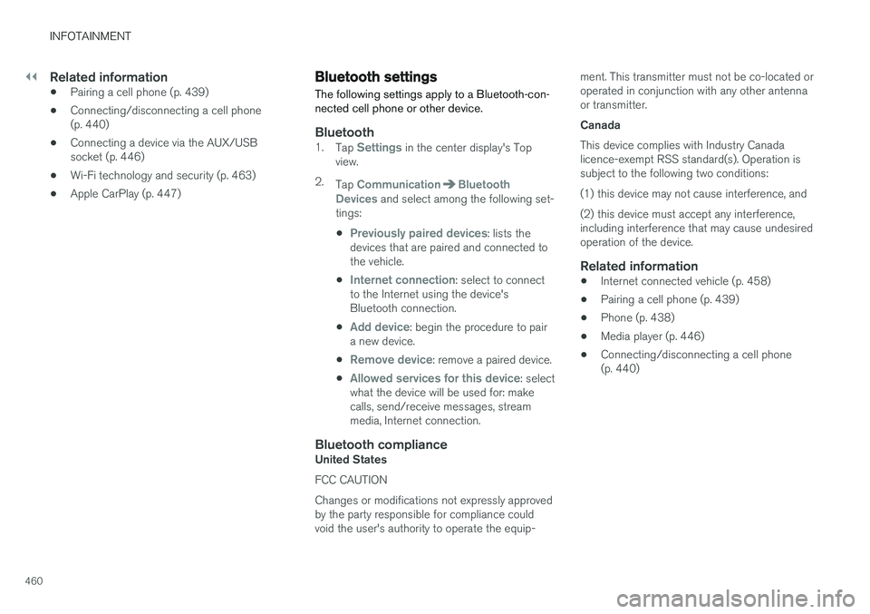 VOLVO XC90 T8 2017  Owner´s Manual ||
INFOTAINMENT
460
Related information
•Pairing a cell phone (p. 439)
• Connecting/disconnecting a cell phone (p. 440)
• Connecting a device via the AUX/USBsocket (p. 446)
• Wi-Fi technology 