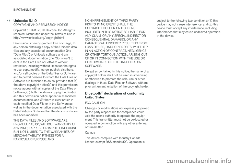 VOLVO XC90 T8 2017 Owner´s Manual ||
INFOTAINMENT
468
Unicode: 5.1.0COPYRIGHT AND PERMISSION NOTICE Copyright c 1991-2013 Unicode, Inc. All rights reserved. Distributed under the Terms of Use inhttp://www.unicode.org/copyright.html. P VOLVO XC90 T8 2017 Owner´s Manual ||
INFOTAINMENT
468
Unicode: 5.1.0COPYRIGHT AND PERMISSION NOTICE Copyright c 1991-2013 Unicode, Inc. All rights reserved. Distributed under the Terms of Use inhttp://www.unicode.org/copyright.html. P