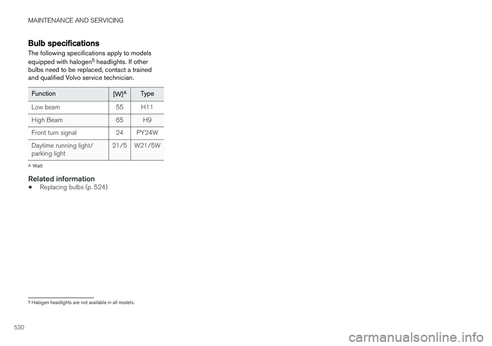 VOLVO XC90 T8 2017 Owner´s Manual MAINTENANCE AND SERVICING
530
Bulb specifications The following specifications apply to models equipped with halogen5
headlights. If other
bulbs need to be replaced, contact a trained and qualified V VOLVO XC90 T8 2017 Owner´s Manual MAINTENANCE AND SERVICING
530
Bulb specifications The following specifications apply to models equipped with halogen5
headlights. If other
bulbs need to be replaced, contact a trained and qualified V