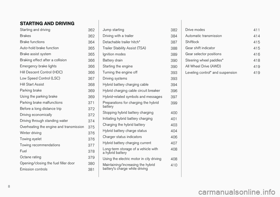 VOLVO XC90 T8 2017  Owner´s Manual 8
STARTING AND DRIVING
Starting and driving362
Brakes 362
Brake functions 364
Auto-hold brake function 365
Brake assist system 365
Braking effect after a collision 366
Emergency brake lights 366
Hill 
