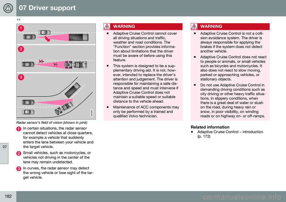 VOLVO S60 2016 Owner´s Manual ||
07 Driver support
07
182
Radar sensor's field of vision (shown in pink)
In certain situations, the radar sensor cannot detect vehicles at close quarters,for example a vehicle that suddenlyenter VOLVO S60 2016 Owner´s Manual ||
07 Driver support
07
182
Radar sensor's field of vision (shown in pink)
In certain situations, the radar sensor cannot detect vehicles at close quarters,for example a vehicle that suddenlyenter