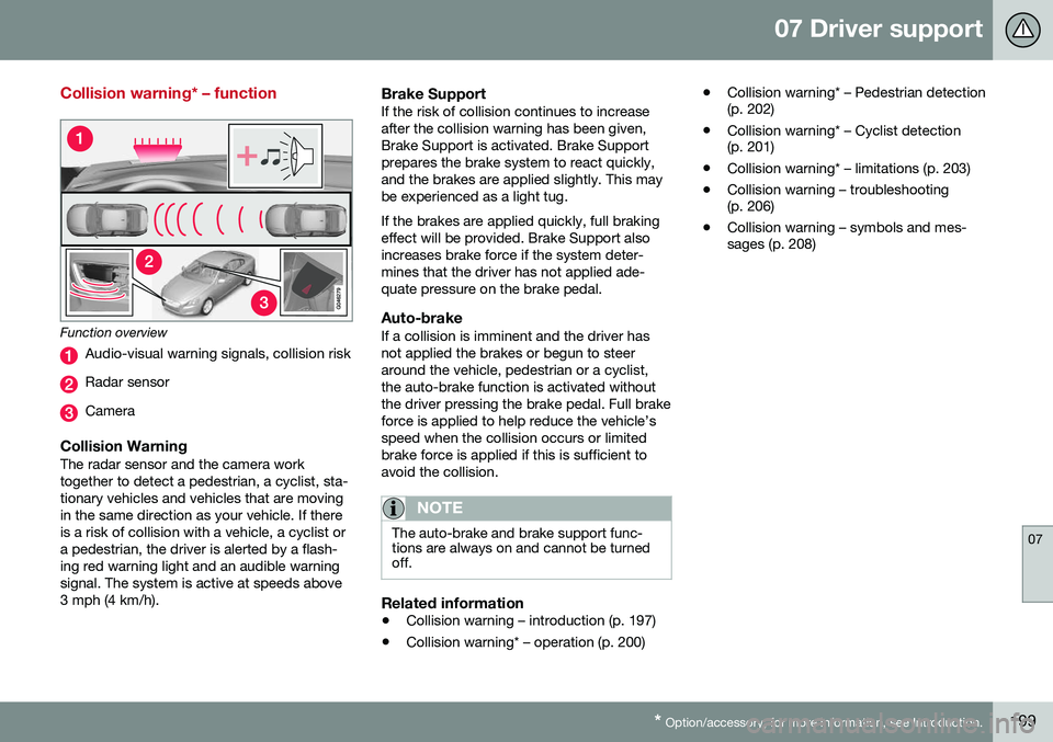 VOLVO S60 2016  Owner´s Manual 07 Driver support
07
* Option/accessory, for more information, see Introduction.199
Collision warning* – function
Function overview
Audio-visual warning signals, collision risk
Radar sensor
Camera
C