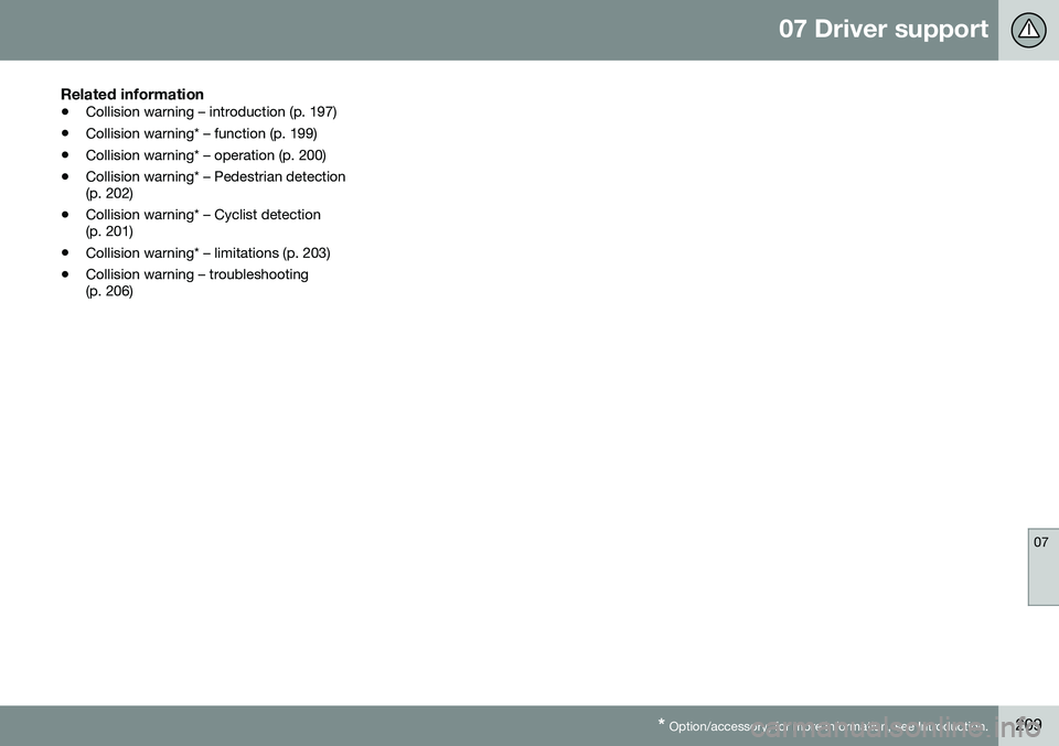 VOLVO S60 2016 Owner´s Manual 07 Driver support
07
* Option/accessory, for more information, see Introduction.209
Related information
• Collision warning – introduction (p. 197)
• Collision warning* – function (p. 199)
• VOLVO S60 2016 Owner´s Manual 07 Driver support
07
* Option/accessory, for more information, see Introduction.209
Related information
• Collision warning – introduction (p. 197)
• Collision warning* – function (p. 199)
•