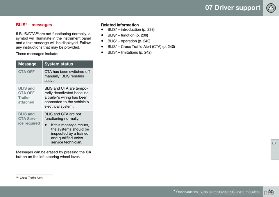 VOLVO S60 2016 Owner´s Manual 07 Driver support
07
* Option/accessory, for more information, see Introduction.243
BLIS* – messages
If BLIS/CTA 18
are not functioning normally, a
symbol will illuminate in the instrument panel an VOLVO S60 2016 Owner´s Manual 07 Driver support
07
* Option/accessory, for more information, see Introduction.243
BLIS* – messages
If BLIS/CTA 18
are not functioning normally, a
symbol will illuminate in the instrument panel an
