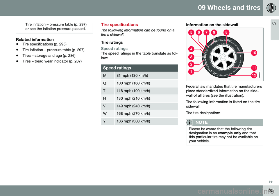 VOLVO S60 2016 Owner´s Manual 09 Wheels and tires
09
}}
295
Tire inflation – pressure table (p. 297) or see the inflation pressure placard.
Related information
•Tire specifications (p. 295)
• Tire inflation – pressure tabl VOLVO S60 2016 Owner´s Manual 09 Wheels and tires
09
}}
295
Tire inflation – pressure table (p. 297) or see the inflation pressure placard.
Related information
•Tire specifications (p. 295)
• Tire inflation – pressure tabl