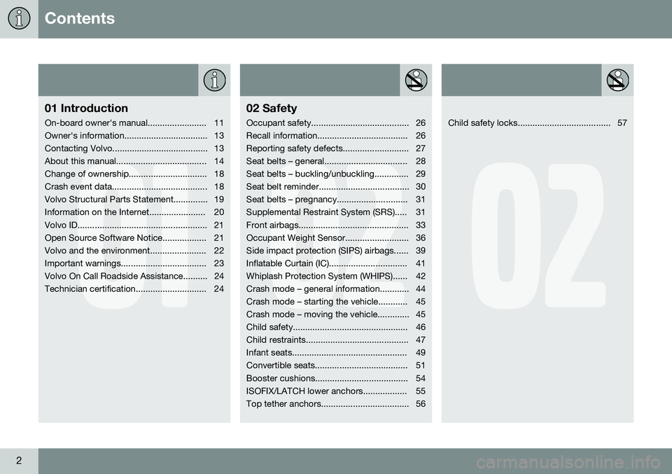 VOLVO S60 2016  Owner´s Manual Contents
2
01
01 Introduction
On-board owner's manual........................ 11 
Owner's information.................................. 13
Contacting Volvo.....................................