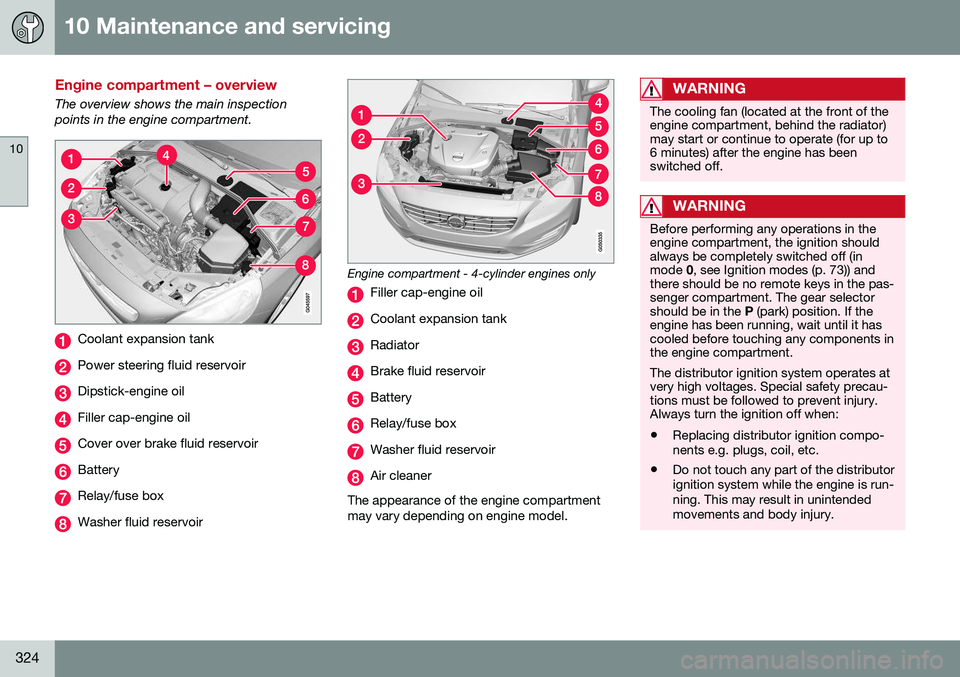 VOLVO S60 2016  Owner´s Manual 10 Maintenance and servicing
10
324
Engine compartment – overview
The overview shows the main inspection points in the engine compartment.
Coolant expansion tank
Power steering fluid reservoir
Dipst