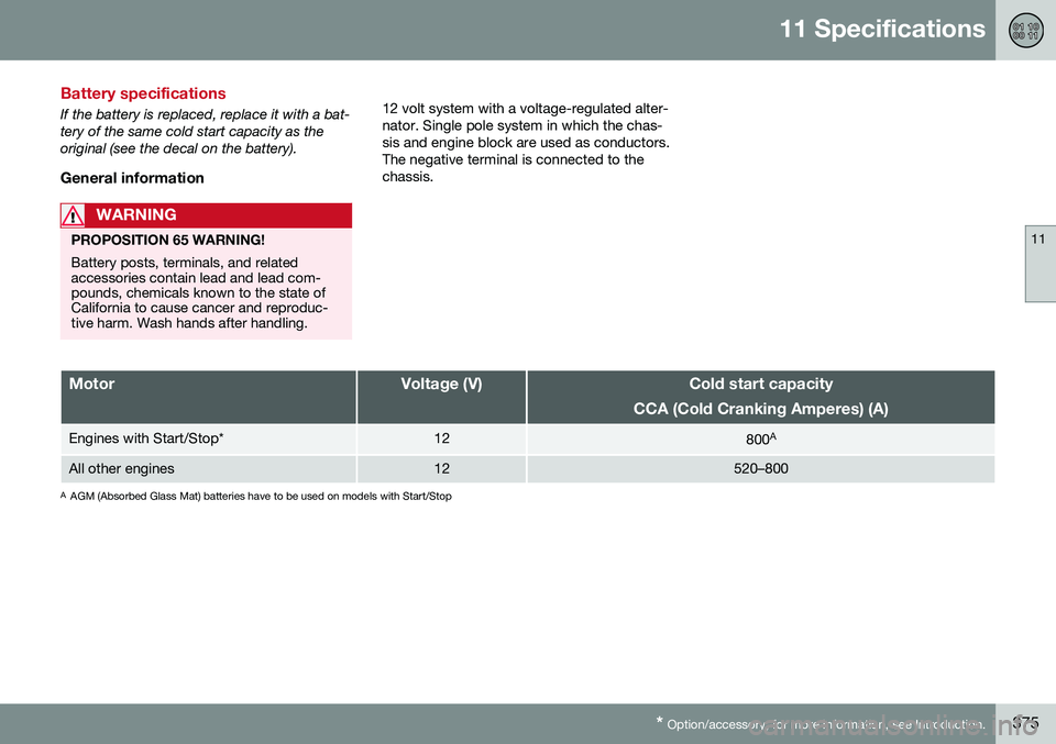 VOLVO S60 2016 Owner´s Manual 11 Specifications
11
* Option/accessory, for more information, see Introduction.375
Battery specifications
If the battery is replaced, replace it with a bat- tery of the same cold start capacity as th VOLVO S60 2016 Owner´s Manual 11 Specifications
11
* Option/accessory, for more information, see Introduction.375
Battery specifications
If the battery is replaced, replace it with a bat- tery of the same cold start capacity as th