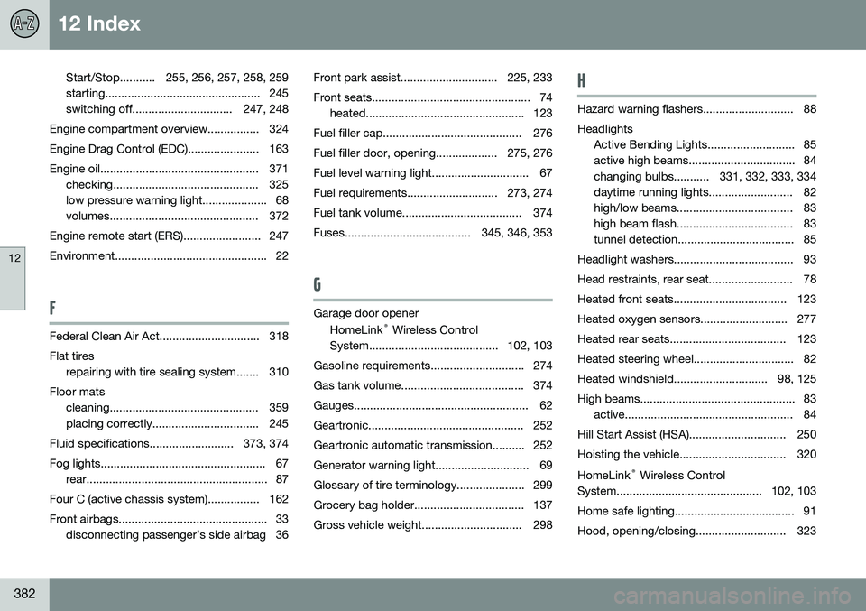 VOLVO S60 2016 Owner´s Manual 12 Index
12
382
Start/Stop........... 255, 256, 257, 258, 259
starting................................................ 245
switching off............................... 247, 248
Engine compartment ove VOLVO S60 2016 Owner´s Manual 12 Index
12
382
Start/Stop........... 255, 256, 257, 258, 259
starting................................................ 245
switching off............................... 247, 248
Engine compartment ove