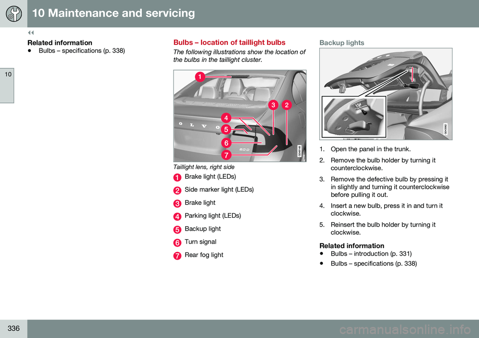 VOLVO S60 CROSS COUNTRY 2016  Owner´s Manual ||
10 Maintenance and servicing
10
336
Related information
•Bulbs – specifications (p. 338)
Bulbs – location of taillight bulbs
The following illustrations show the location of the bulbs in the 