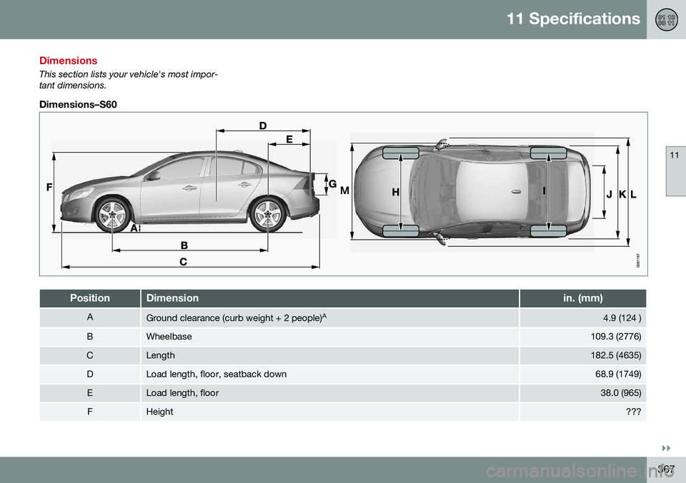 VOLVO S60 CROSS COUNTRY 2016  Owner´s Manual 11 Specifications
11
}}
367
Dimensions
This section lists your vehicle's most impor- tant dimensions.
Dimensions–S60
PositionDimensionin. (mm)
AGround clearance (curb weight + 2 people)A4.9 (124