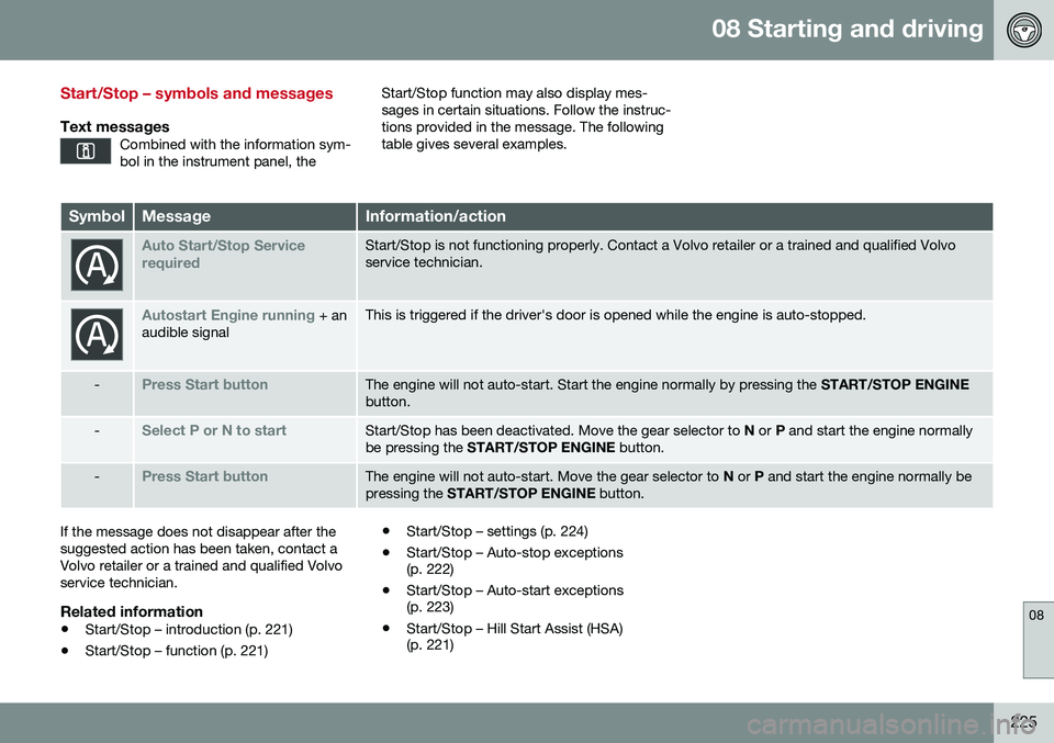VOLVO S60 INSCRIPTION 2016 Owner´s Manual 08 Starting and driving
08
225
Start/Stop – symbols and messages
Text messagesCombined with the information sym- bol in the instrument panel, the
Start/Stop function may also display mes- sages in c VOLVO S60 INSCRIPTION 2016 Owner´s Manual 08 Starting and driving
08
225
Start/Stop – symbols and messages
Text messagesCombined with the information sym- bol in the instrument panel, the
Start/Stop function may also display mes- sages in c