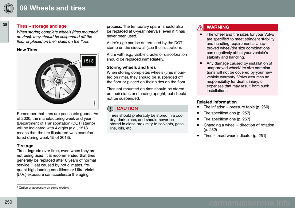 VOLVO S60 INSCRIPTION 2016  Owner´s Manual 09 Wheels and tires
09
250
Tires – storage and age
When storing complete wheels (tires mounted on rims), they should be suspended off thefloor or placed on their sides on the floor.
New Tires
Rememb