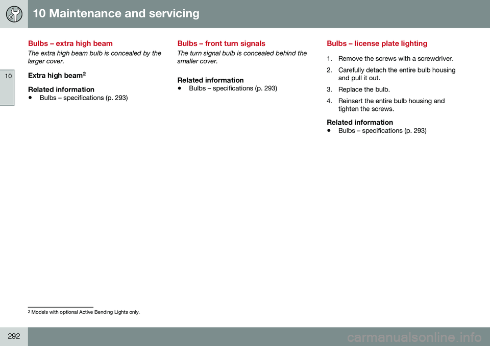 VOLVO S60 INSCRIPTION 2016  Owner´s Manual 10 Maintenance and servicing
10
292
Bulbs – extra high beam
The extra high beam bulb is concealed by the larger cover.
Extra high beam2
Related information
• Bulbs – specifications (p. 293)
Bulb
