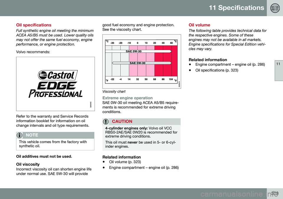 VOLVO S60 INSCRIPTION 2016  Owner´s Manual 11 Specifications
11
323
Oil specifications
Full synthetic engine oil meeting the minimum ACEA A5/B5 must be used. Lower quality oilsmay not offer the same fuel economy, engineperformance, or engine p
