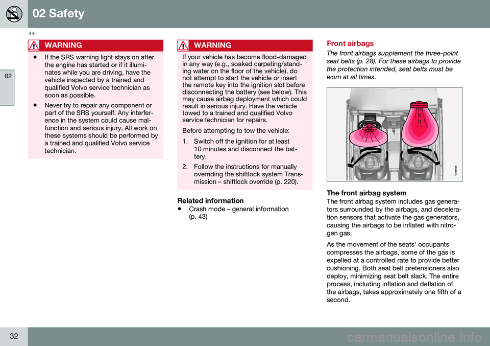 VOLVO S60 INSCRIPTION 2016  Owner´s Manual ||
02 Safety
02
32
WARNING
•If the SRS warning light stays on after the engine has started or if it illumi-nates while you are driving, have thevehicle inspected by a trained andqualified Volvo serv