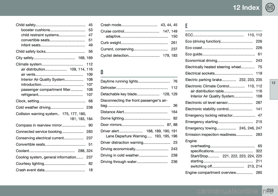 VOLVO S60 INSCRIPTION 2016 Owner´s Manual 12 Index
12
333
Child safety................................................ 45
booster cushions.................................. 53
child restraint systems.......................... 47
convertible VOLVO S60 INSCRIPTION 2016 Owner´s Manual 12 Index
12
333
Child safety................................................ 45
booster cushions.................................. 53
child restraint systems.......................... 47
convertible