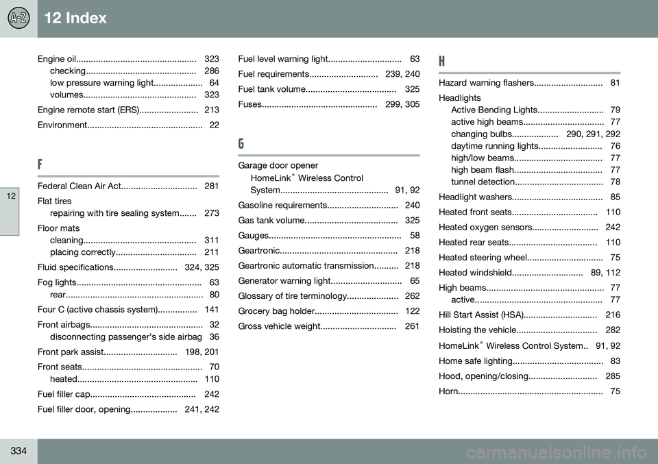 VOLVO S60 INSCRIPTION 2016  Owner´s Manual 12 Index
12
334
Engine oil................................................. 323checking............................................. 286 
low pressure warning light.................... 64
volumes.....