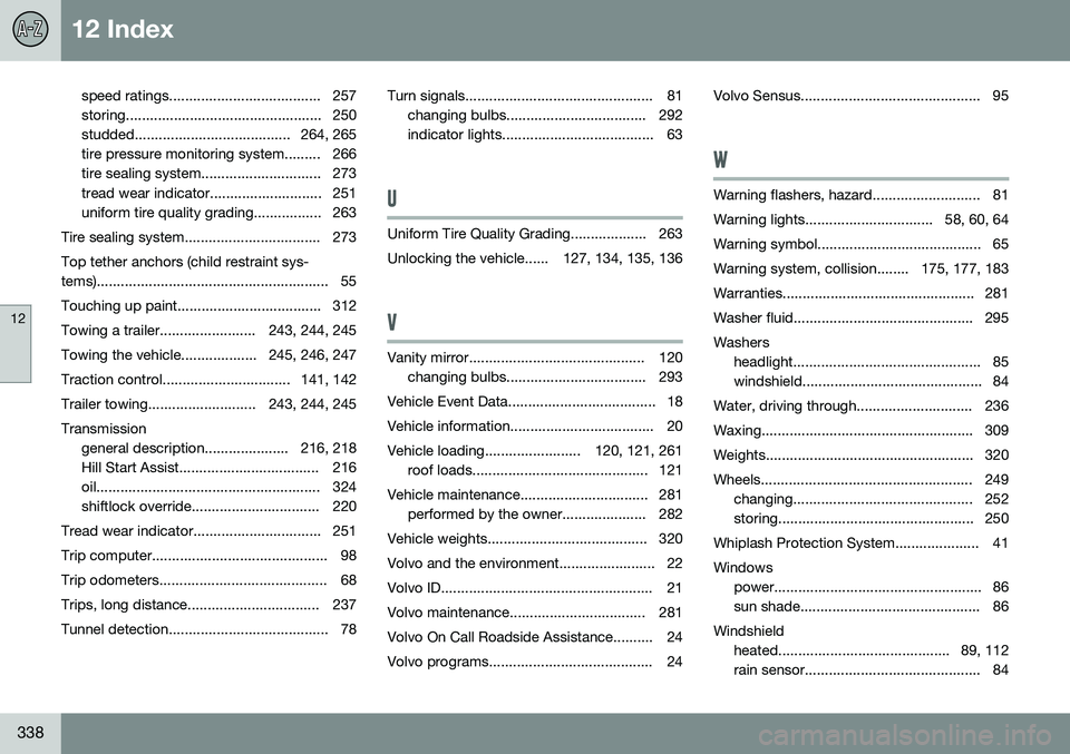 VOLVO S60 INSCRIPTION 2016 Owner´s Manual 12 Index
12
338
speed ratings...................................... 257
storing................................................. 250
studded....................................... 264, 265
tire press VOLVO S60 INSCRIPTION 2016 Owner´s Manual 12 Index
12
338
speed ratings...................................... 257
storing................................................. 250
studded....................................... 264, 265
tire press