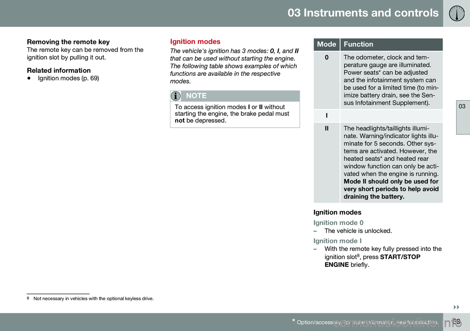 VOLVO S60 INSCRIPTION 2016  Owner´s Manual 03 Instruments and controls
03
}}
* Option/accessory, for more information, see Introduction.69
Removing the remote keyThe remote key can be removed from the ignition slot by pulling it out.
Related i