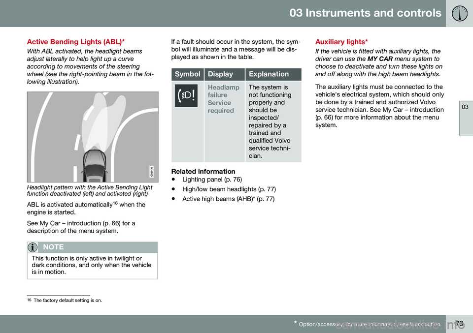 VOLVO S60 INSCRIPTION 2016  Owner´s Manual 03 Instruments and controls
03
* Option/accessory, for more information, see Introduction.79
Active Bending Lights (ABL)*
With ABL activated, the headlight beams adjust laterally to help light up a cu