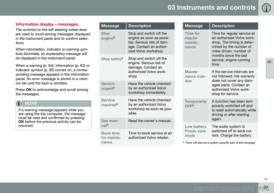VOLVO S60 INSCRIPTION 2016  Owner´s Manual 03 Instruments and controls
03
}}
97
Information display – messages
The controls on the left steering wheel lever are used to scroll among messages displayedin the instrument panel and to confirm se