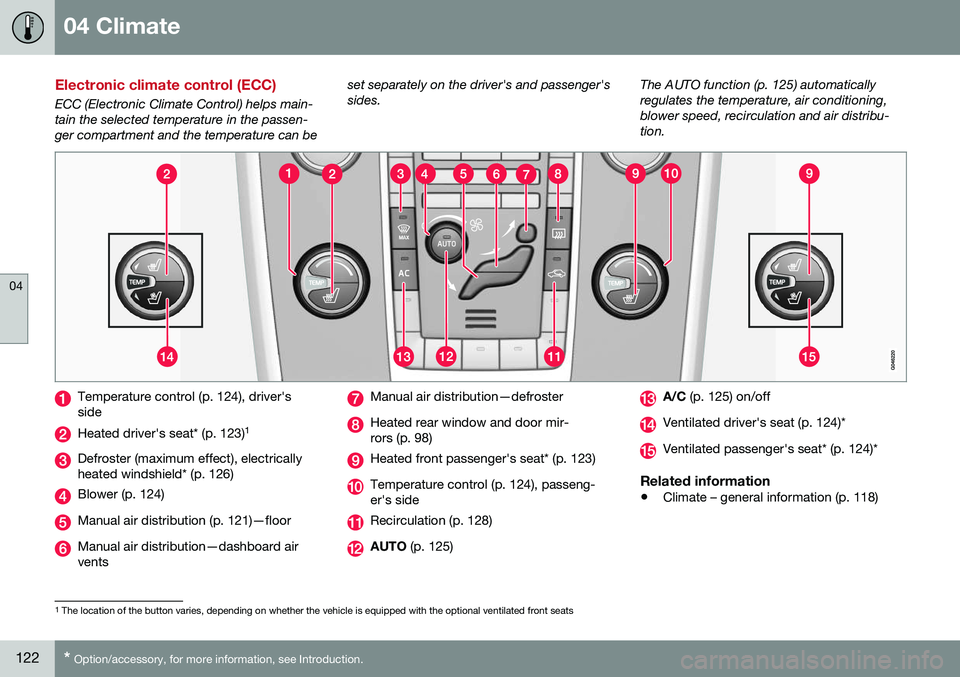 VOLVO S80 2016  Owner´s Manual 04 Climate
04
122* Option/accessory, for more information, see Introduction.
Electronic climate control (ECC)
ECC (Electronic Climate Control) helps main- tain the selected temperature in the passen-g