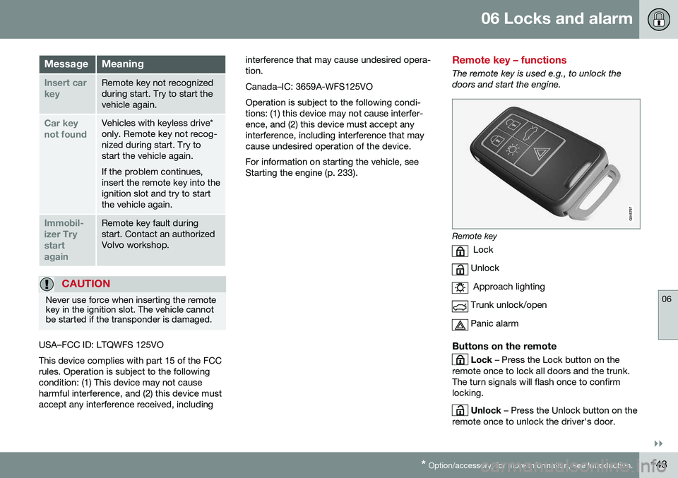 VOLVO S80 2016 Owner´s Manual 06 Locks and alarm
06
}}
* Option/accessory, for more information, see Introduction.143
MessageMeaning
Insert car keyRemote key not recognized during start. Try to start thevehicle again.
Car key not VOLVO S80 2016 Owner´s Manual 06 Locks and alarm
06
}}
* Option/accessory, for more information, see Introduction.143
MessageMeaning
Insert car keyRemote key not recognized during start. Try to start thevehicle again.
Car key not