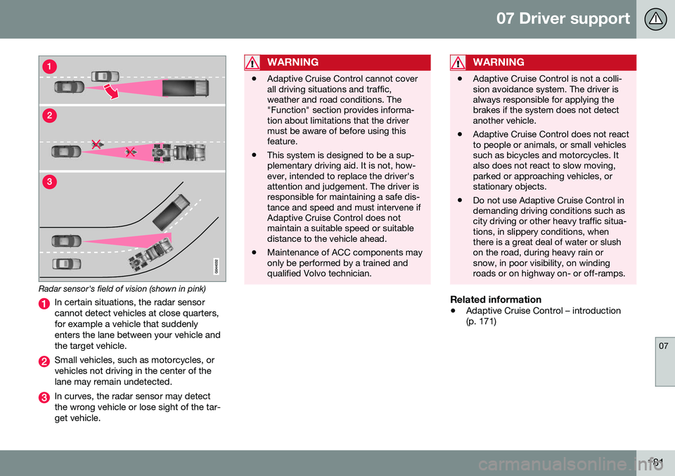 VOLVO S80 2016 Owner´s Manual 07 Driver support
07
181
Radar sensor's field of vision (shown in pink)
In certain situations, the radar sensor cannot detect vehicles at close quarters,for example a vehicle that suddenlyenters t VOLVO S80 2016 Owner´s Manual 07 Driver support
07
181
Radar sensor's field of vision (shown in pink)
In certain situations, the radar sensor cannot detect vehicles at close quarters,for example a vehicle that suddenlyenters t