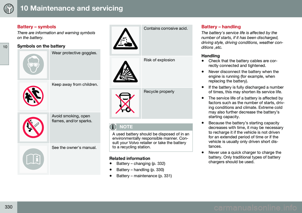VOLVO S80 2016 Owner´s Manual 10 Maintenance and servicing
10
330
Battery – symbols
There are information and warning symbols on the battery.
Symbols on the battery
Wear protective goggles.
Keep away from children.
Avoid smoking VOLVO S80 2016 Owner´s Manual 10 Maintenance and servicing
10
330
Battery – symbols
There are information and warning symbols on the battery.
Symbols on the battery
Wear protective goggles.
Keep away from children.
Avoid smoking