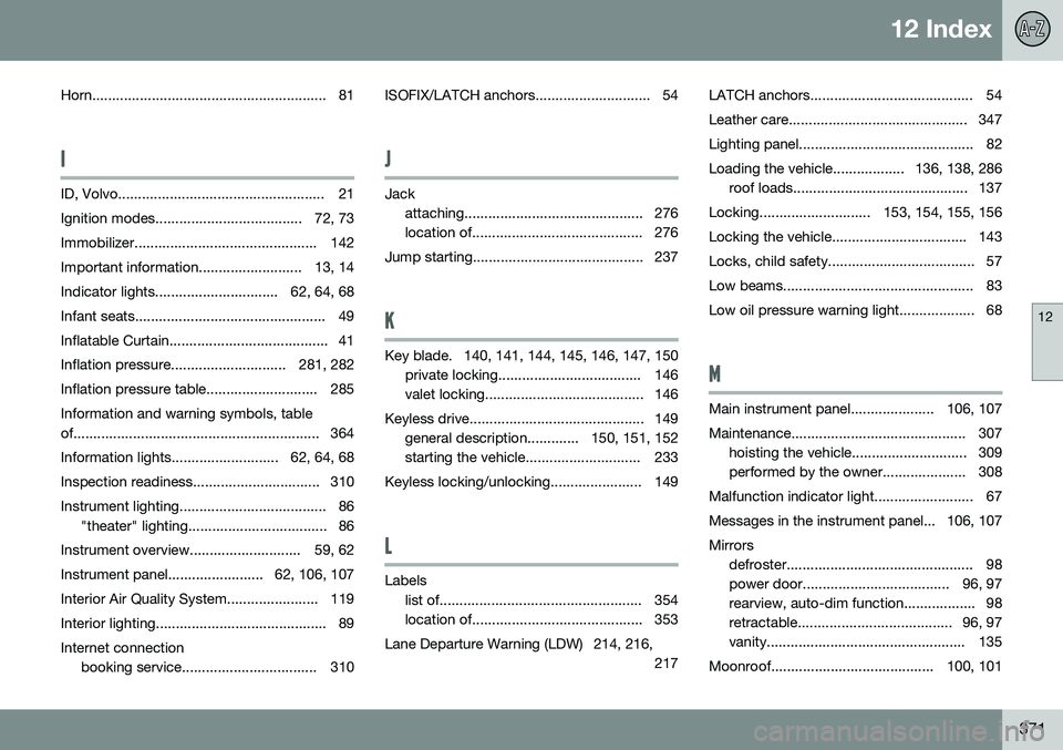 VOLVO S80 2016  Owner´s Manual 12 Index
12
371
Horn........................................................... 81
I
ID, Volvo.................................................... 21 
Ignition modes...................................