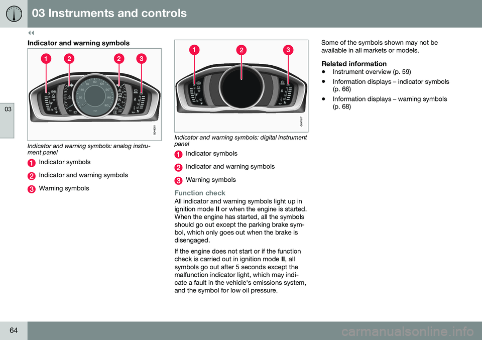 VOLVO S80 2016 Owner´s Manual ||
03 Instruments and controls
03
64
Indicator and warning symbols
Indicator and warning symbols: analog instru- ment panel
Indicator symbols
Indicator and warning symbols
Warning symbols
Indicator an VOLVO S80 2016 Owner´s Manual ||
03 Instruments and controls
03
64
Indicator and warning symbols
Indicator and warning symbols: analog instru- ment panel
Indicator symbols
Indicator and warning symbols
Warning symbols
Indicator an