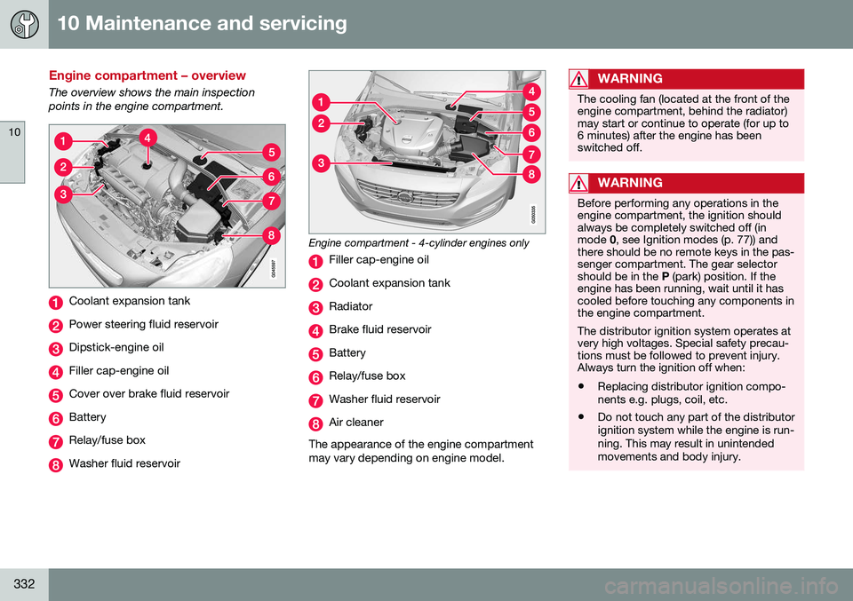 VOLVO V60 2016 Owner´s Manual 10 Maintenance and servicing
10
332
Engine compartment – overview
The overview shows the main inspection points in the engine compartment.
Coolant expansion tank
Power steering fluid reservoir
Dipst VOLVO V60 2016 Owner´s Manual 10 Maintenance and servicing
10
332
Engine compartment – overview
The overview shows the main inspection points in the engine compartment.
Coolant expansion tank
Power steering fluid reservoir
Dipst