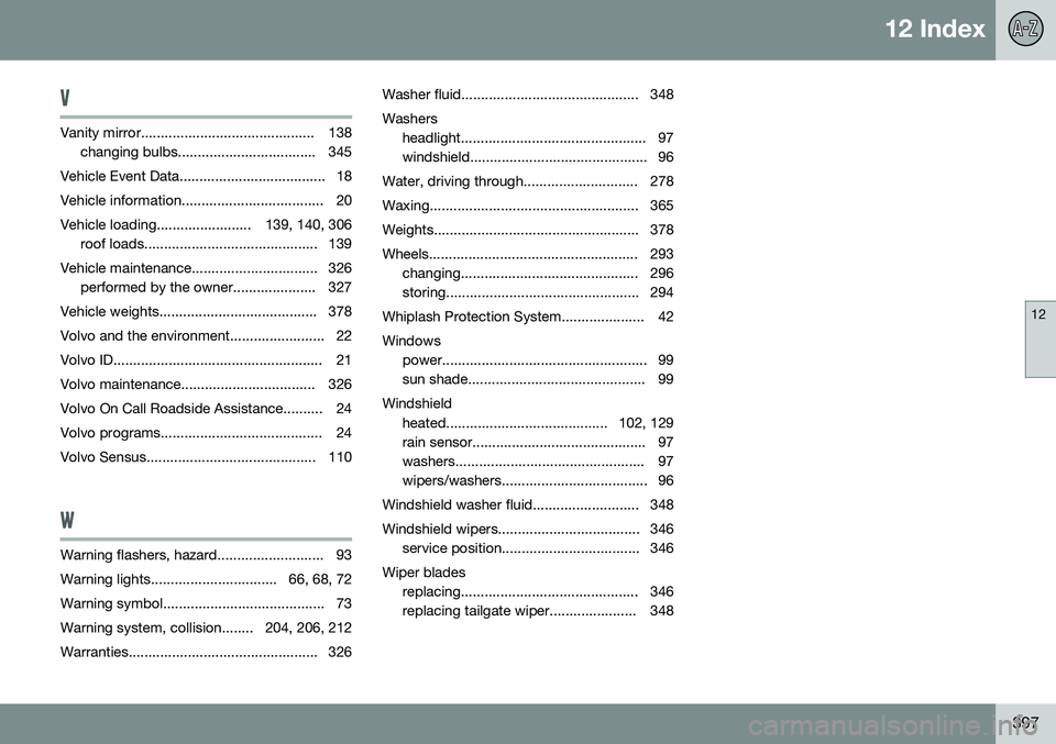 VOLVO V60 2016 Owner´s Manual 12 Index
12
397
V
Vanity mirror............................................ 138changing bulbs................................... 345
Vehicle Event Data..................................... 18
Vehicle VOLVO V60 2016 Owner´s Manual 12 Index
12
397
V
Vanity mirror............................................ 138changing bulbs................................... 345
Vehicle Event Data..................................... 18
Vehicle