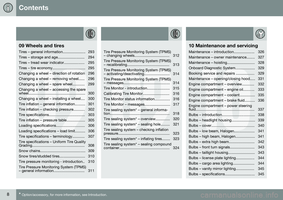VOLVO V60 2016  Owner´s Manual Contents
8* Option/accessory, for more information, see Introduction.
09
09 Wheels and tires
Tires – general information...................... 293 
Tires – storage and age.........................