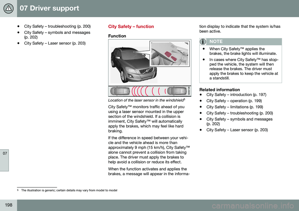 VOLVO V60 CROSS COUNTRY 2016  Owner´s Manual 07 Driver support
07
198
•City Safety – troubleshooting (p. 200)
• City Safety – symbols and messages (p. 202)
• City Safety – Laser sensor (p. 203)City Safety – function
Function
Locati