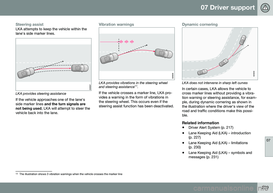 VOLVO V60 CROSS COUNTRY 2016 Owner´s Manual 07 Driver support
07
229
Steering assistLKA attempts to keep the vehicle within the lane's side marker lines.
LKA provides steering assistance
If the vehicle approaches one of the lane's side VOLVO V60 CROSS COUNTRY 2016 Owner´s Manual 07 Driver support
07
229
Steering assistLKA attempts to keep the vehicle within the lane's side marker lines.
LKA provides steering assistance
If the vehicle approaches one of the lane's side