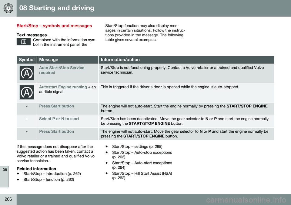 VOLVO V60 CROSS COUNTRY 2016 Owner´s Manual 08 Starting and driving
08
266
Start/Stop – symbols and messages
Text messagesCombined with the information sym- bol in the instrument panel, the
Start/Stop function may also display mes- sages in c VOLVO V60 CROSS COUNTRY 2016 Owner´s Manual 08 Starting and driving
08
266
Start/Stop – symbols and messages
Text messagesCombined with the information sym- bol in the instrument panel, the
Start/Stop function may also display mes- sages in c