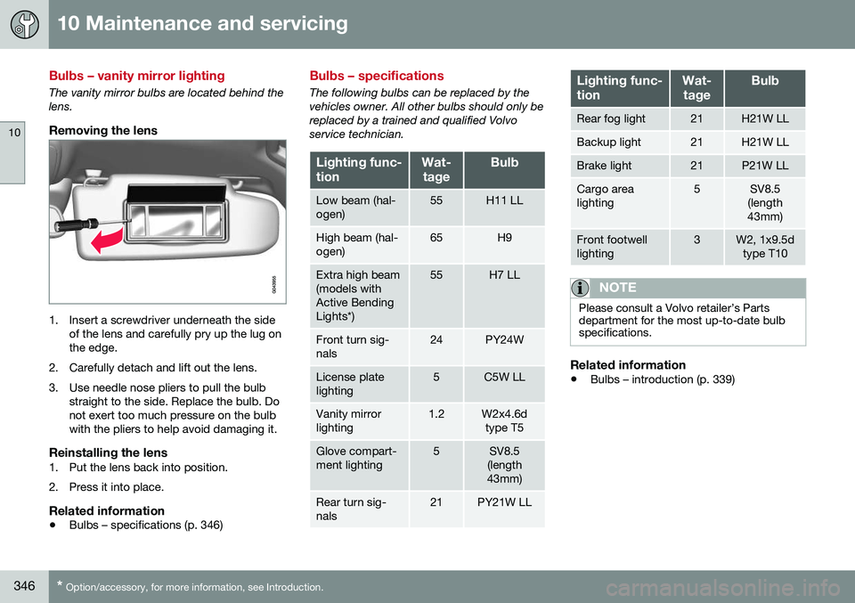 VOLVO V60 CROSS COUNTRY 2016 Owner´s Manual 10 Maintenance and servicing
10
346* Option/accessory, for more information, see Introduction.
Bulbs – vanity mirror lighting
The vanity mirror bulbs are located behind the lens.
Removing the lens
1 VOLVO V60 CROSS COUNTRY 2016 Owner´s Manual 10 Maintenance and servicing
10
346* Option/accessory, for more information, see Introduction.
Bulbs – vanity mirror lighting
The vanity mirror bulbs are located behind the lens.
Removing the lens
1