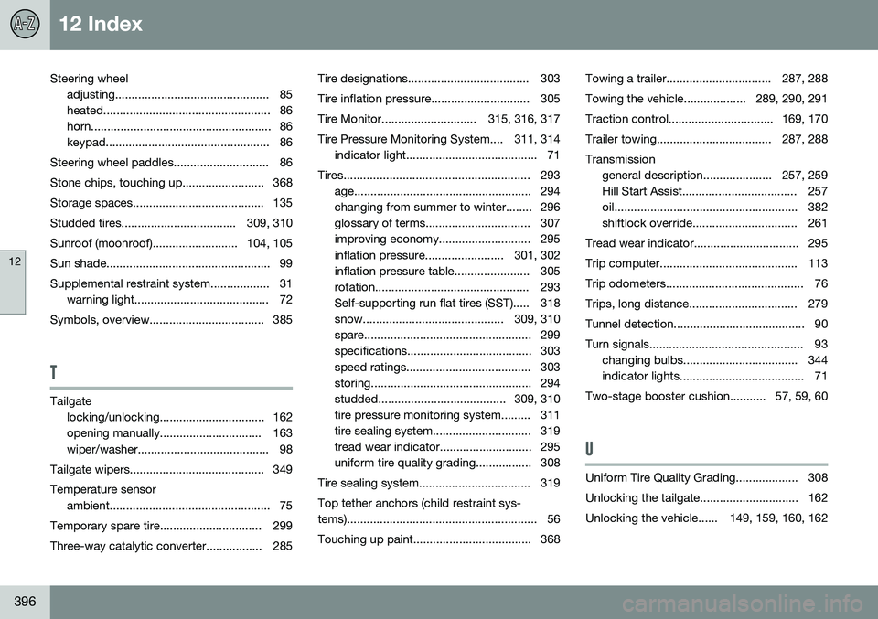 VOLVO V60 CROSS COUNTRY 2016  Owner´s Manual 12 Index
12
396
Steering wheeladjusting............................................... 85 
heated................................................... 86
horn............................................