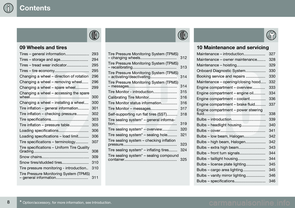 VOLVO V60 CROSS COUNTRY 2016  Owner´s Manual Contents
8* Option/accessory, for more information, see Introduction.
09
09 Wheels and tires
Tires – general information...................... 293 
Tires – storage and age.........................